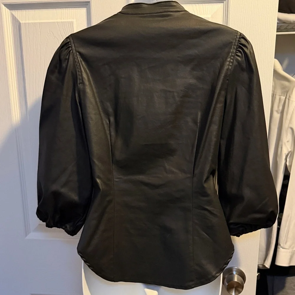 White House Black Market Coated Denim Puff Sleeve Blouse - Picture 8 of 10